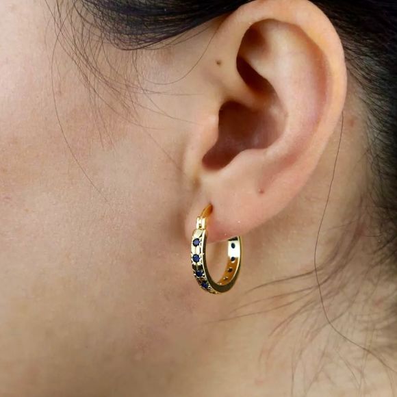 FIVE AND TWO 18K GOLD HOOPS DIAMOND CUT SAPPHIRE CRYSTALS STARBURST HOOPS LOOPS - Picture 7 of 15